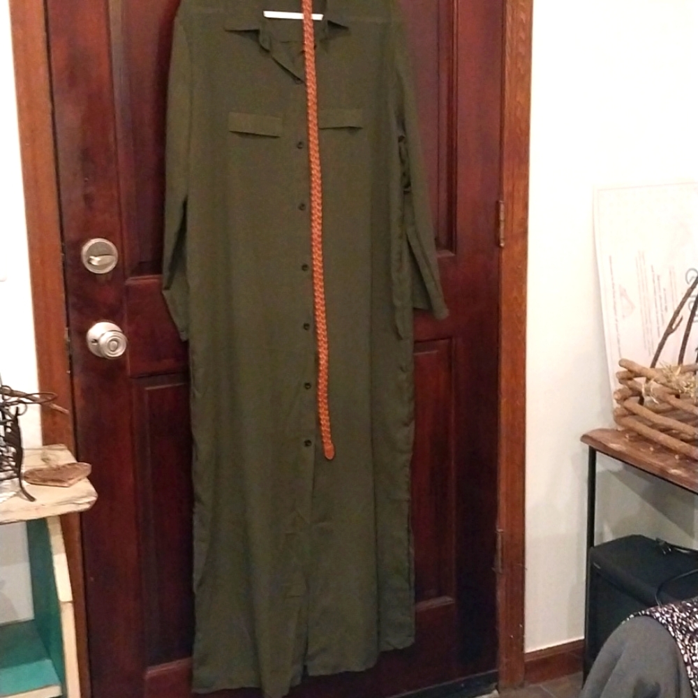 7 BUTTON LADIES maxSHIRT DRESS W/LEATHERETTE BELT & SLIP, OLIVE GREEN or BLK, XL
